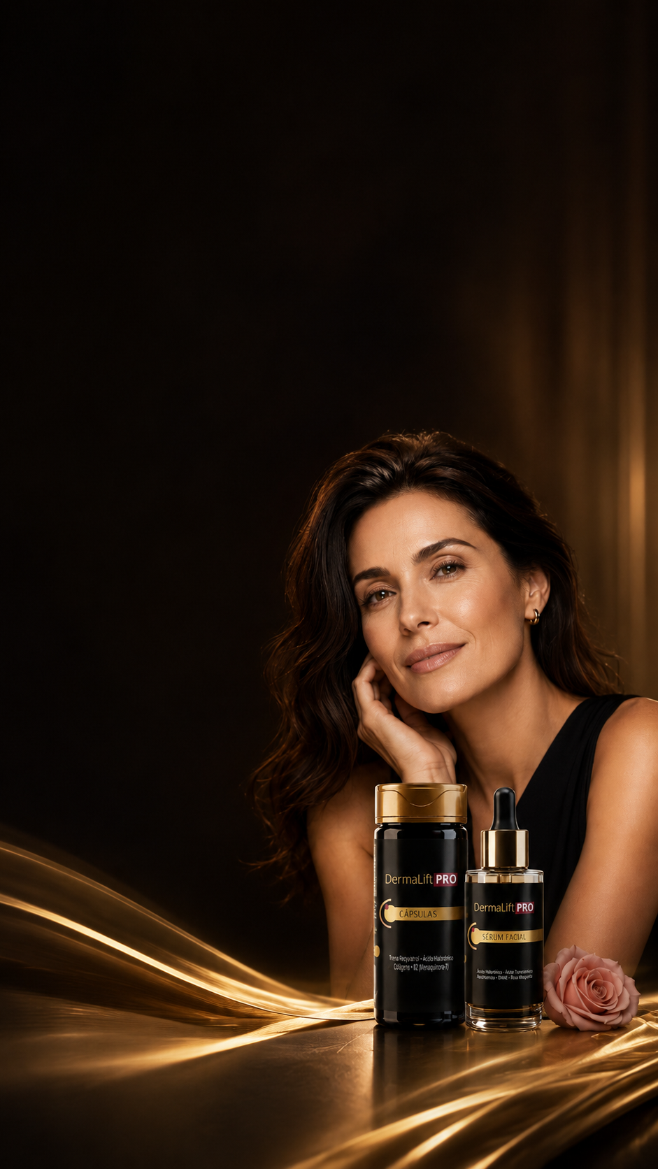 Mulher ao lado das cápsulas e do sérum facial DermaLift PRO
